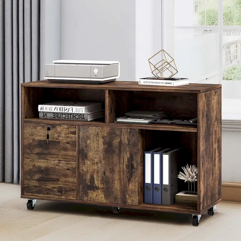2 Drawer Lateral Wood Filing Cabinet with Lock and Open Shelves for Home Office