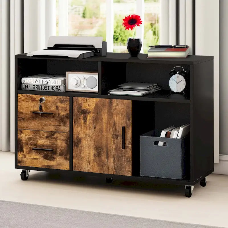 2 Drawer Lateral Wood Filing Cabinet with Lock and Open Shelves for Home Office