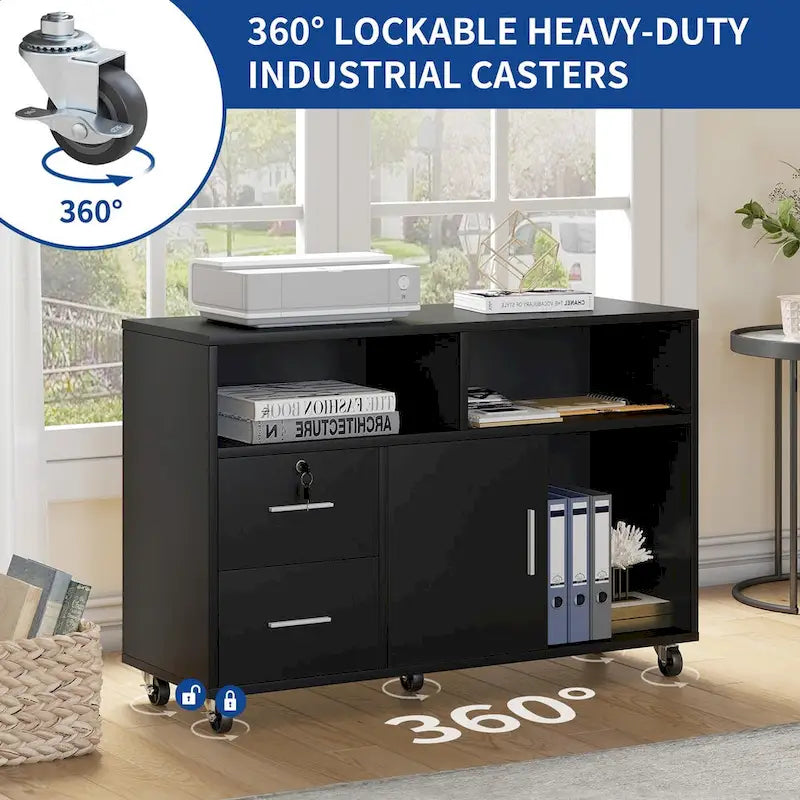 2 Drawer Lateral Wood Filing Cabinet with Lock and Open Shelves for Home Office