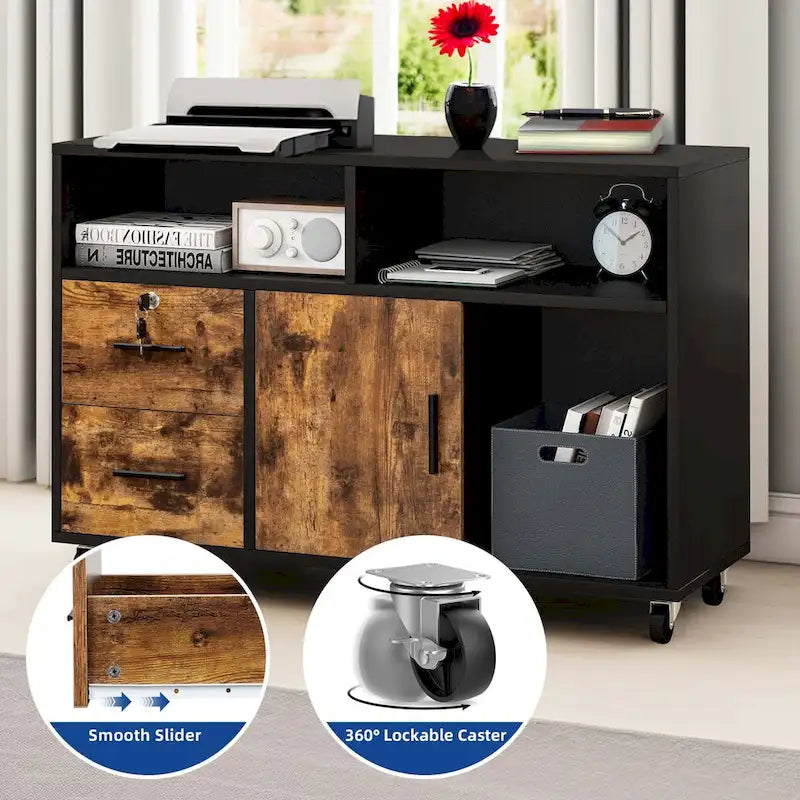 2 Drawer Lateral Wood Filing Cabinet with Lock and Open Shelves for Home Office