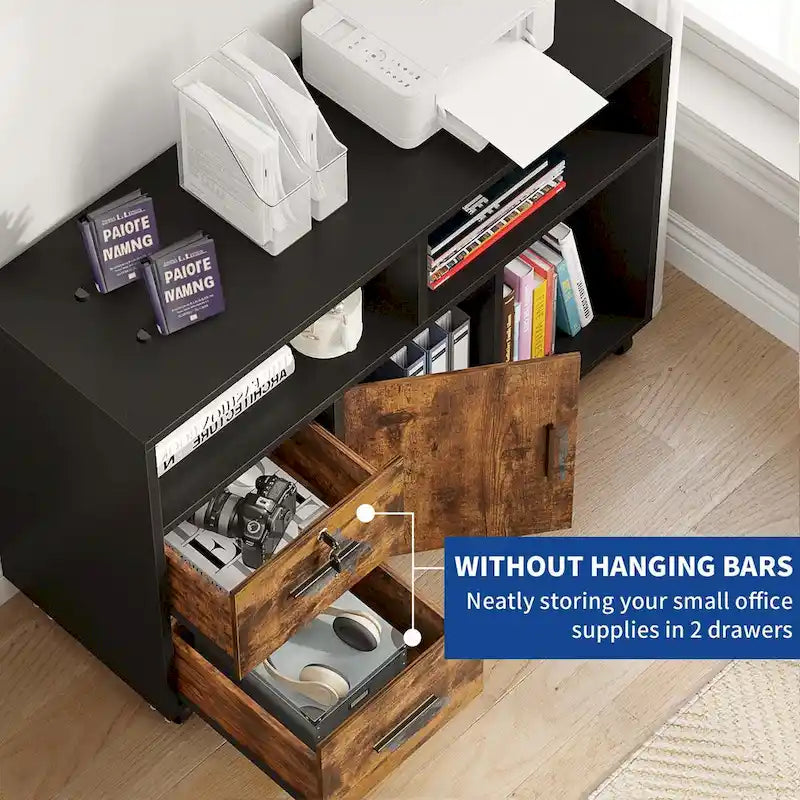 2 Drawer Lateral Wood Filing Cabinet with Lock and Open Shelves for Home Office
