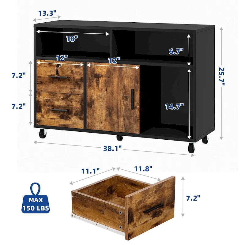 2 Drawer Lateral Wood Filing Cabinet with Lock and Open Shelves for Home Office