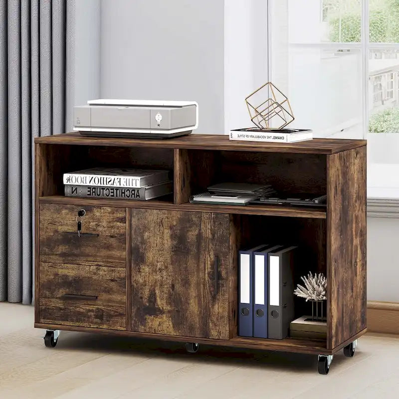 2 Drawer Lateral Wood Filing Cabinet with Lock and Open Shelves for Home Office