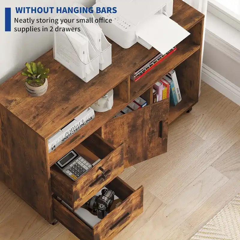 2 Drawer Lateral Wood Filing Cabinet with Lock and Open Shelves for Home Office