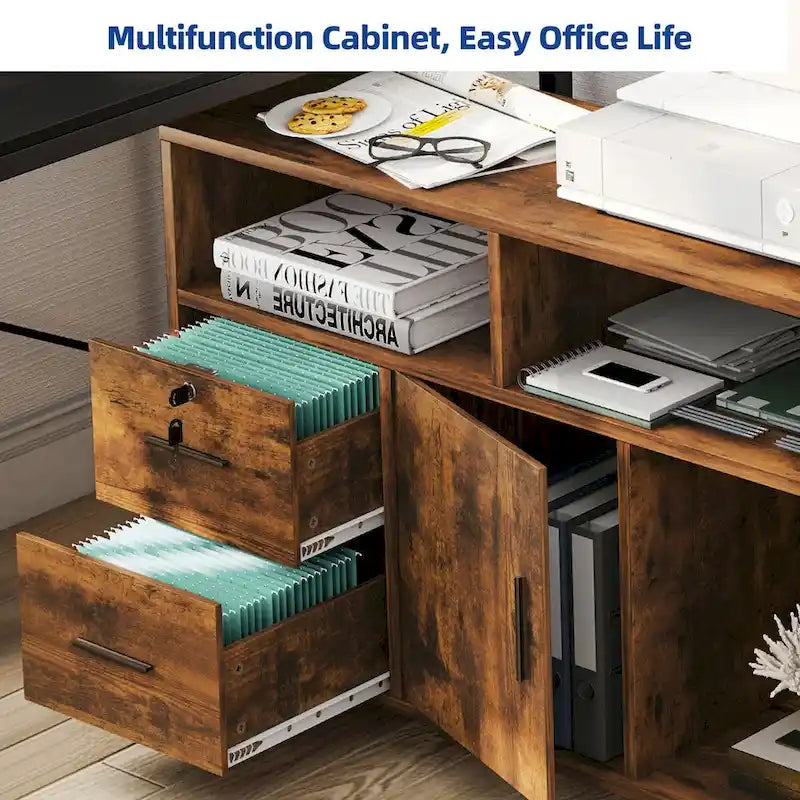 2 Drawer Lateral Wood Filing Cabinet with Lock and Open Shelves for Home Office