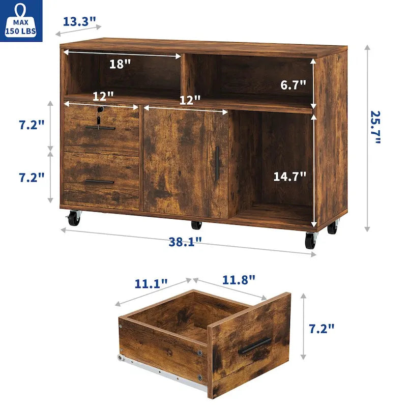 2 Drawer Lateral Wood Filing Cabinet with Lock and Open Shelves for Home Office