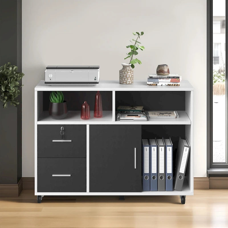 2 Drawer Lateral Wood Filing Cabinet with Lock and Open Shelves for Home Office
